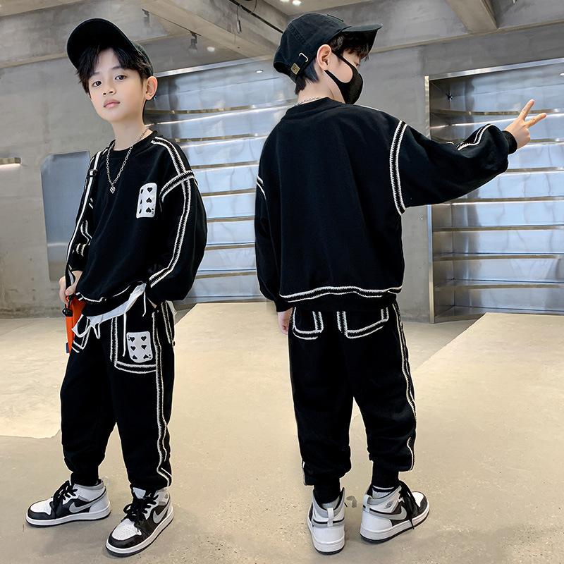 Спортивный костюм из двух предметов для мальчиков, пуловер, свитер, спортивные штаны, удобный свободный детский костюм для отдыха