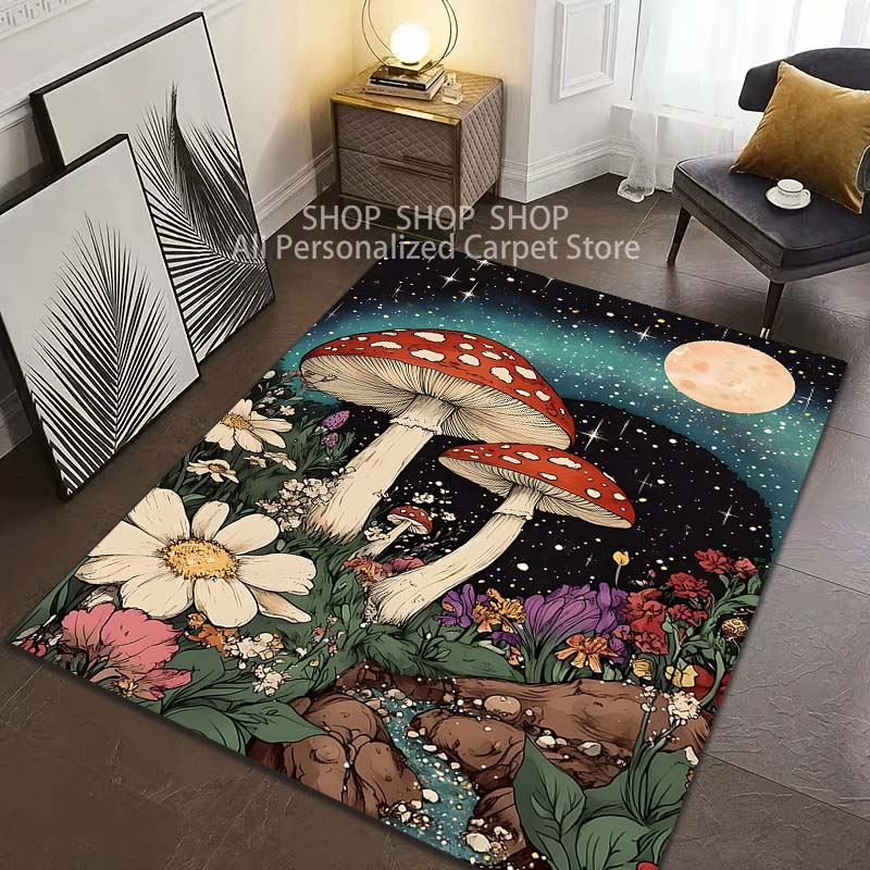 1PC Forest Fantasy Mushrooms Pattern Carpet for Living Room Bedroom Sofa Home Decor Non-slip Floor Mat Large Size