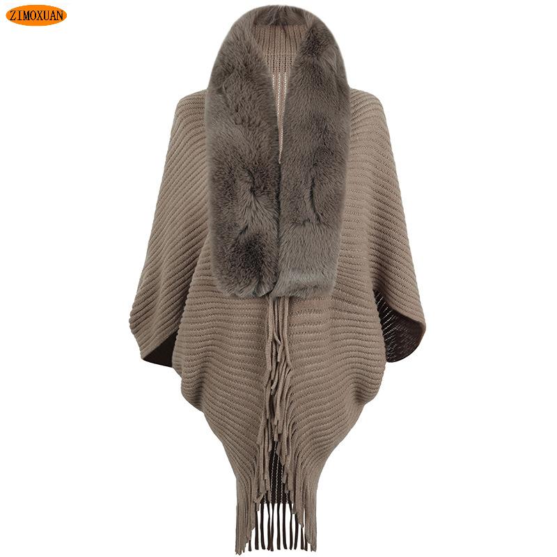 ZIMOXUAN Новое поступление, женская повседневная вязаная накидка с меховым воротником и шалью с кисточками