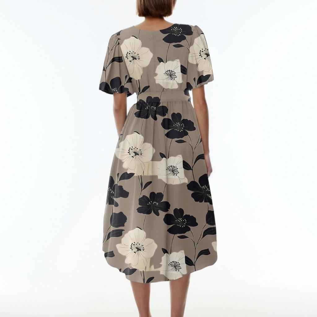 Женское свободное повседневное платье с V-образным вырезом, расклешенная юбка, короткие рукава, напечатанное платье с принтом