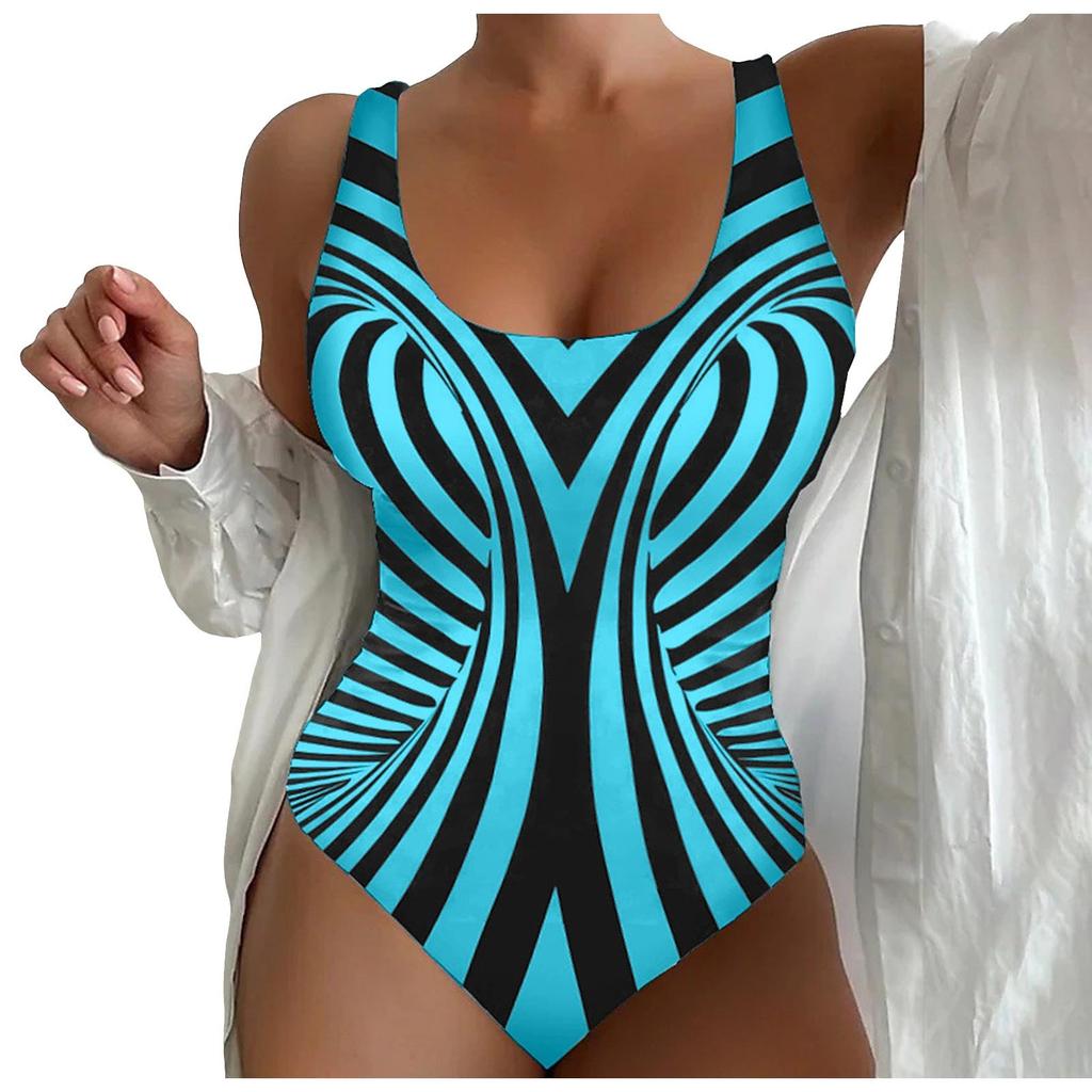 Swimwear For Women Tummy Control Women Large Size Swimwear Figure Shaping U Neck Striped Print Sports Swimsuits Woman 2025