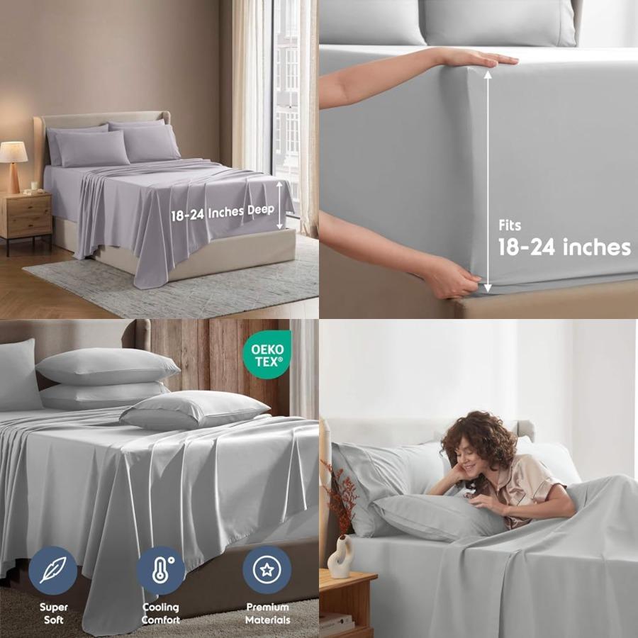 Extra Deep Sheet Set 6 Pcs Breathable Cooling Sheets Hotel Luxury Bedding Set w/ Inch Deep Pockets Easy Secure Fit Super Soft,