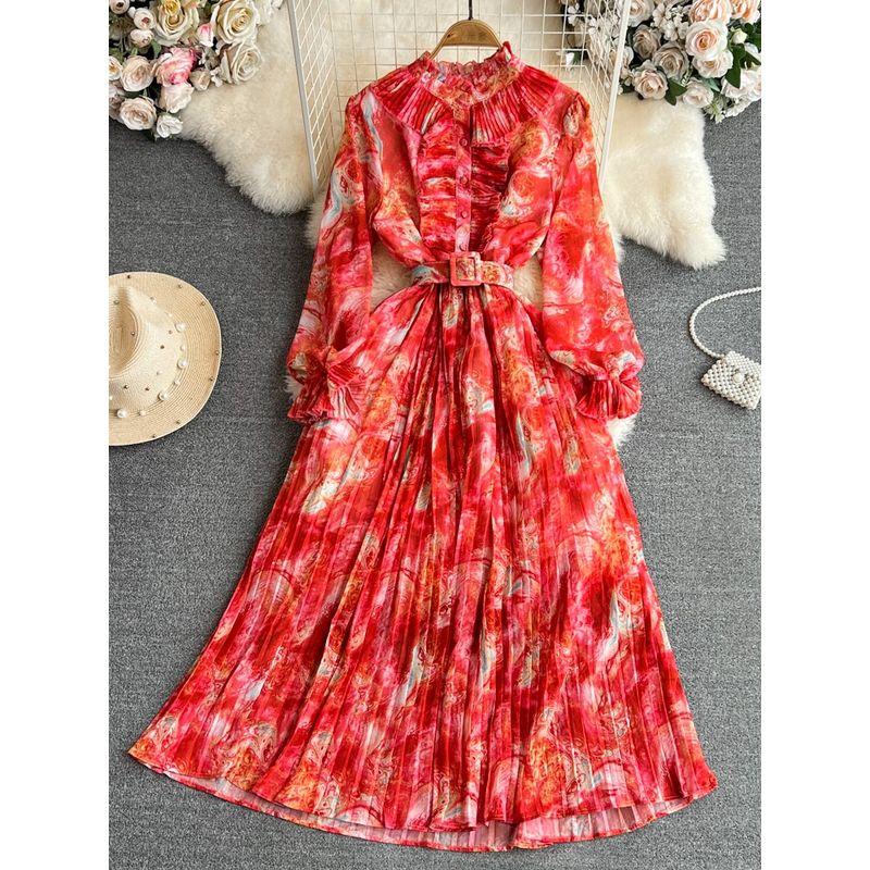 Retro Graceful Stand Collar Speaker Long Sleeves Elegance Dress