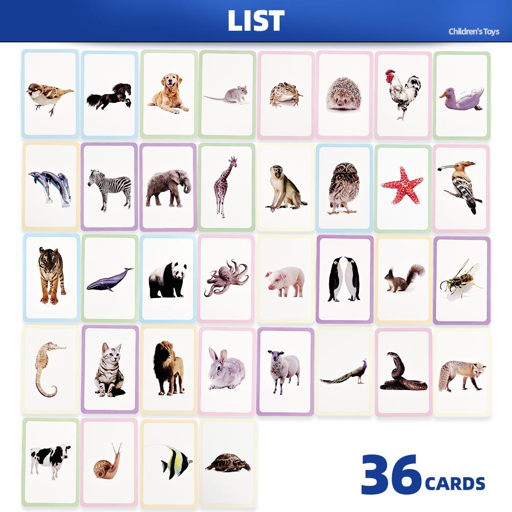 36 Двусторонних карточек с животными для развития познания, Обучающие картинки для просвещения детей, Бумажные развивающие карточки