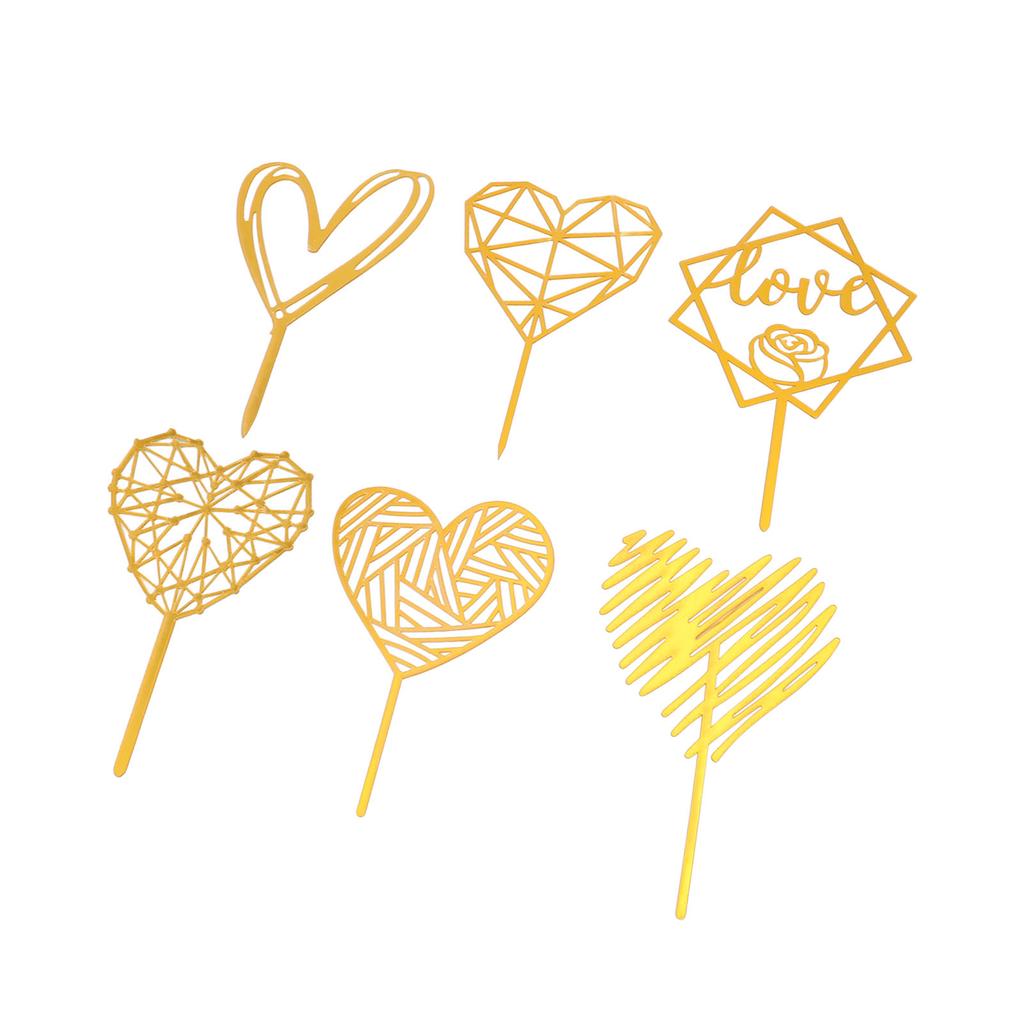 6Pcs Cake Topper Decorations Gold Heart Shaped for Cupcake Birthday Party Celebration Wedding Anniversary