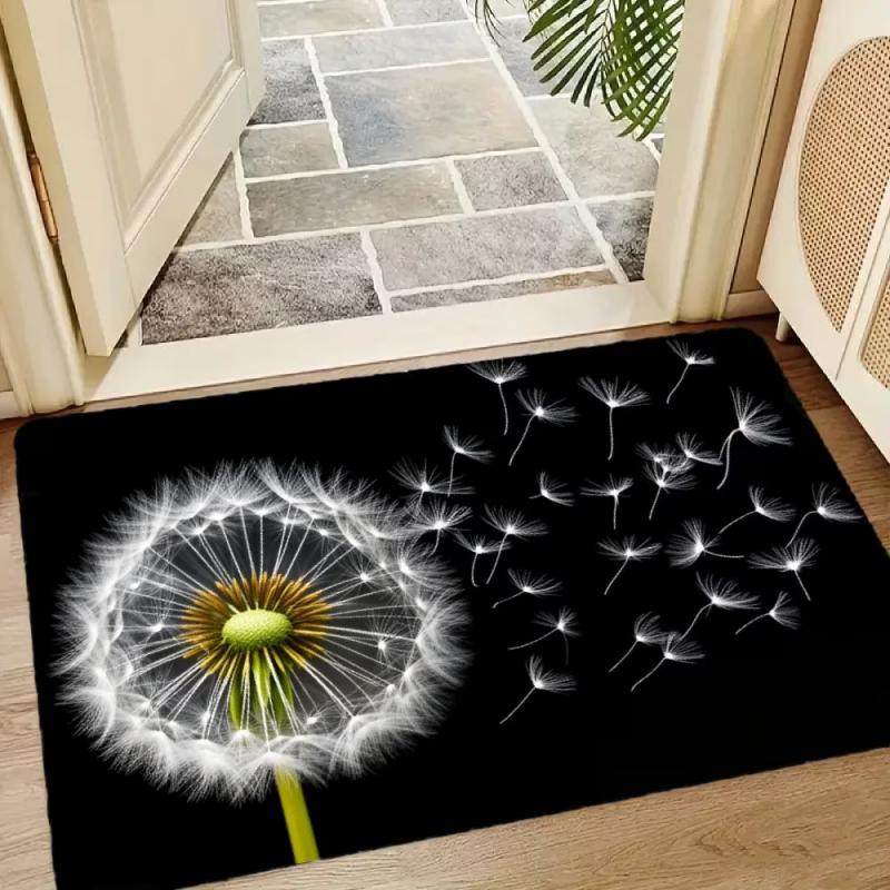 Beautiful Dandelion Welcome Doormat Black Background Floral Plant Floor Mat Blowing Seeds Pattern Home Entryway Decor Floor Rug