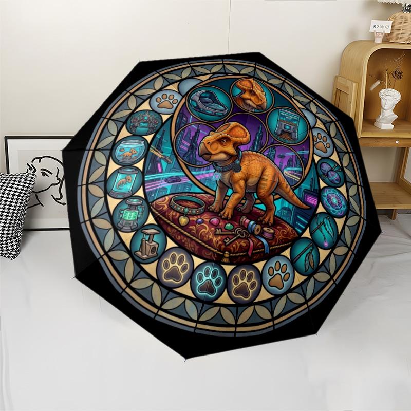 Glass Dinosaur Fantasy pattern umbrella, portable and foldable design, 8 ribs, a casual accessory for Halloween, Christmas, and birthday gifts.