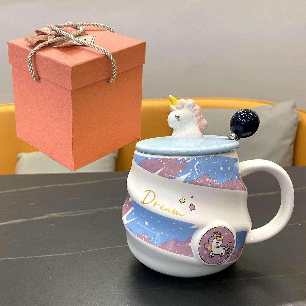 Сувенирная керамическая кружка-термос «Радужный единорог» с крышкой и ложкой, чашка для питья воды для девочки, офисная кофейная чашка