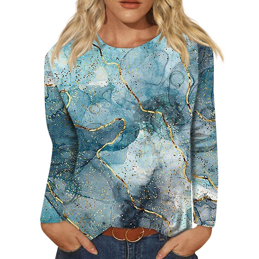 Women's Fashion Casual Long Sleeve Print Round Neck Pullover Top Blouse