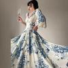 Французское винтажное платье женское весеннее шифоновое длинное платье с V-образным вырезом, расшитое бисером, с принтом и рукавами-фонариками, подол в стиле бохо макси платье