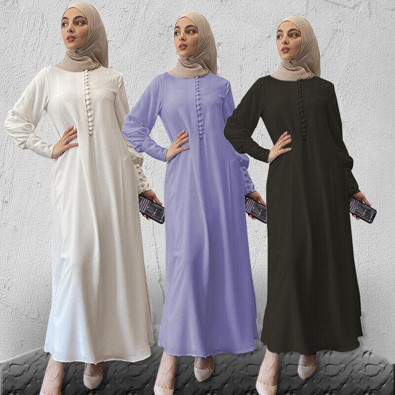 Muslim Women Soft Chiffon Long Skirt Solid Color Maxi Dress Baju Raya Jubah Muslimah Kaftan Long-sleeved Dress
