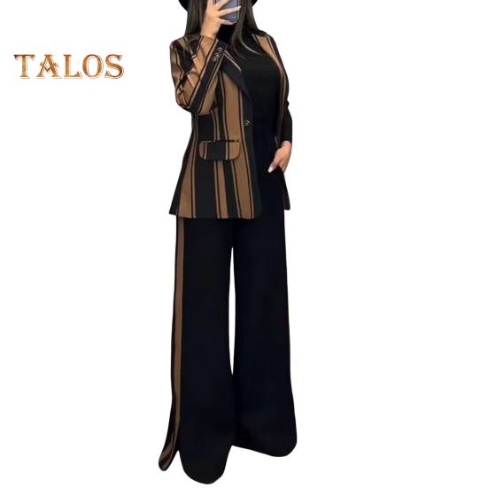 2 шт./комплект женский деловой пиджак брюки комплект с длинными рукавами цветной полосатый кардиган с лацканами средней длины пиджак расклешенные брюки с высокой талией формальные