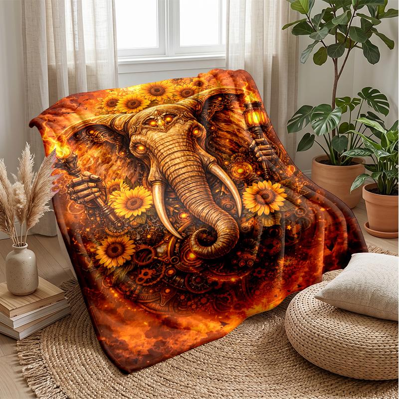 Steampunk Elephant with Sunflowers Theme blanket Lightweight Warm Flannel Blanket Decorative Throw Blanket for Home Decoration