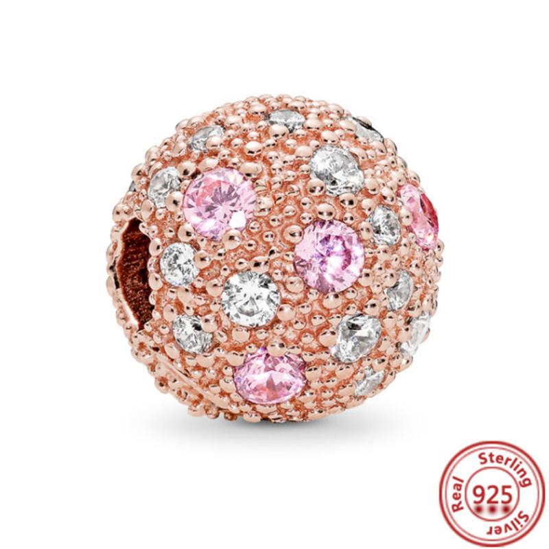 Hot Sale Rose Gold Series Pink Zircon Leaves Heart Pendant Sparkling Clip Bead Fit Charm Bracelet DIY S925 Silver Jewelry