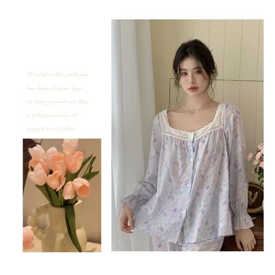 Новая французская пижама, новые осенние хлопковые набивные свободные брюки с длинными рукавами, домашняя одежда, комплект из двух частей