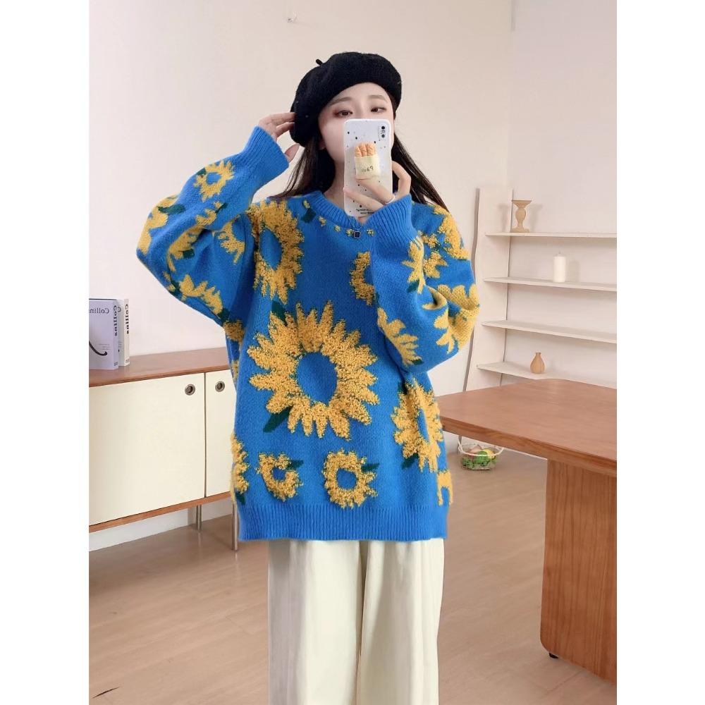 Европейский и американский жаккардовый свитер с подсолнухом, женский осенне-зимний свободный свитер с круглым вырезом и длинными рукавами средней и длинной длины