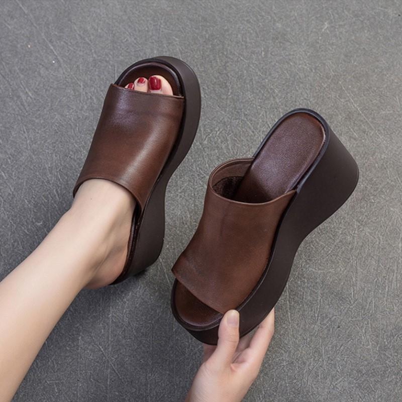 Johnature Увеличивающие рост легкие уличные тапочки на танкетке из натуральной кожи с открытым носком повседневная женская обувь
