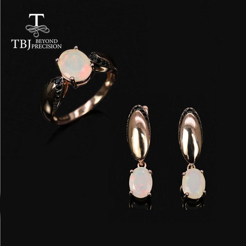Natural Opal Ring Earrings Jewelry Set 925 Sterling Silver Simple Fashion Design for Women Anniversary Gift