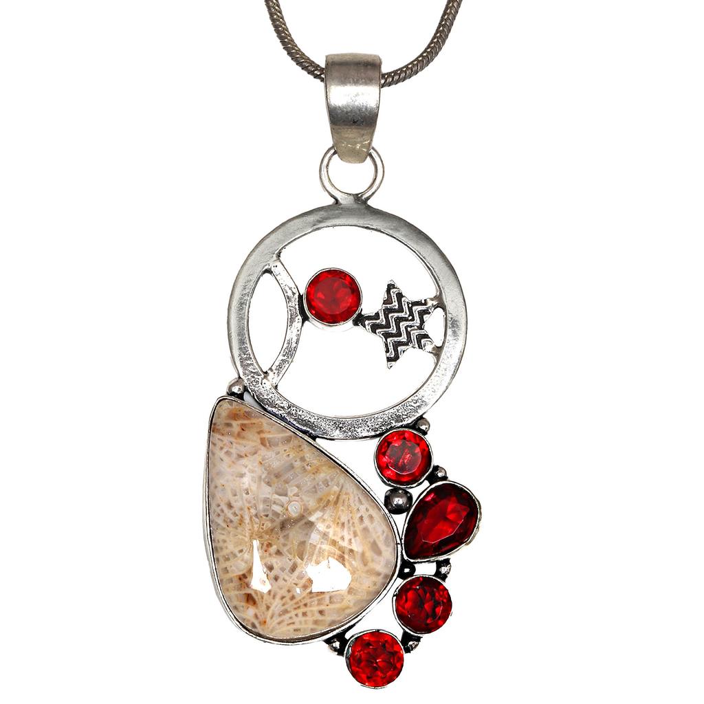 Fossil Coral Garnet Gemstone Mother's Day Silver Jewelry Pendant  2.75"