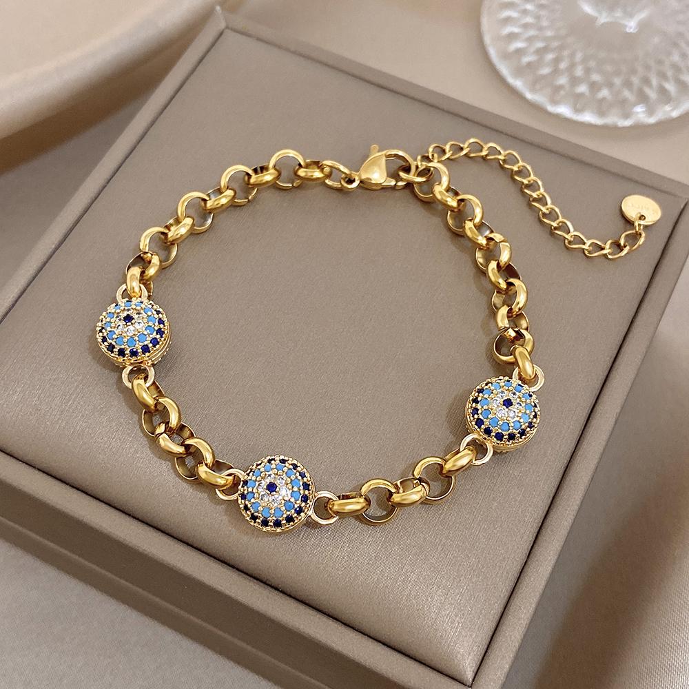 Greatera Blue-eyed Colored Rhinestone Inlaid Ball Bracelet for Women New Style 2026 Trendy Metal Stainless Steel Design Bangles