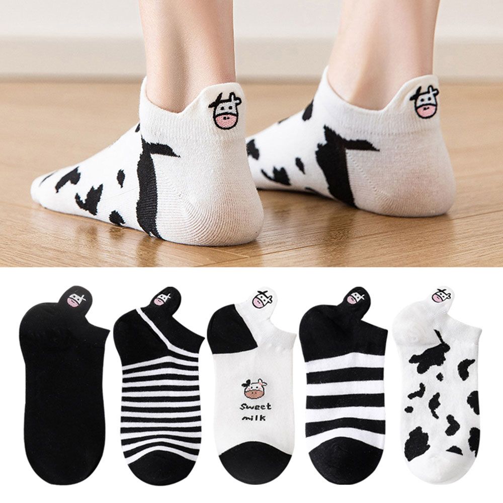 Cute Cartoon Super Thin Black White Boat Socks Striped Cow Socks Women's Socks Ankle Short Socks