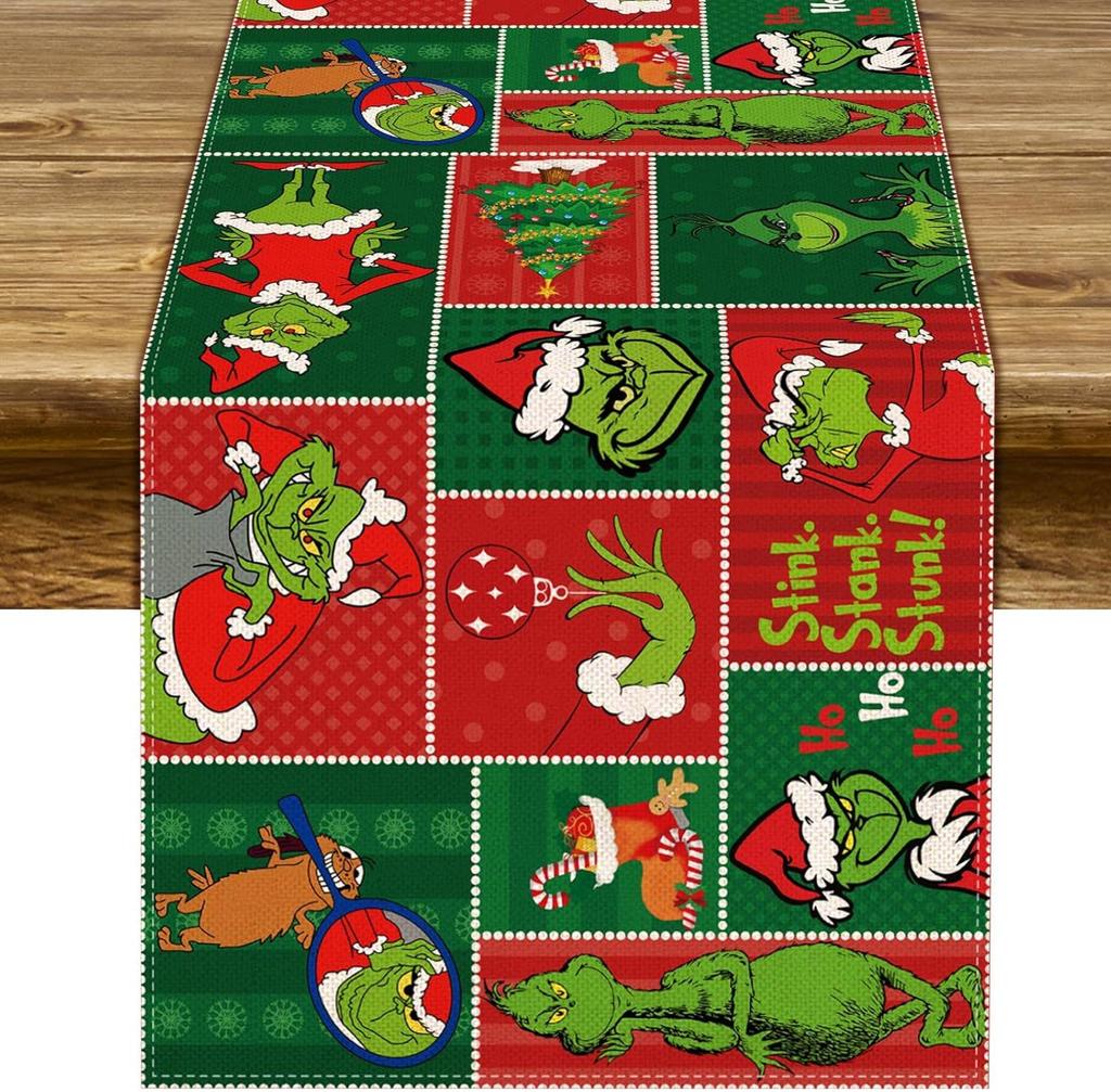 GrinchTable Runner - Linen Material, Oil - Resistant Design, Printed With Dr. Seuss' ChristmasGrinch Characters