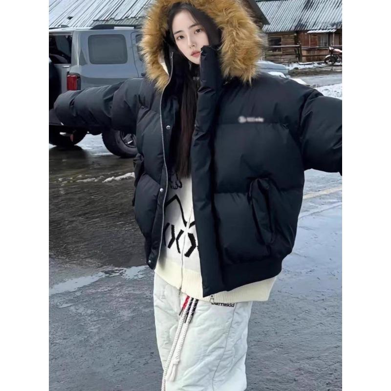 Хлопковое пальто, Утепленное пуховым хлопковым пальто, Женское короткое из искусственной кожи в стиле ретро, Корейская версия, Для невысоких, Большой меховой воротник, Стиль колледжа