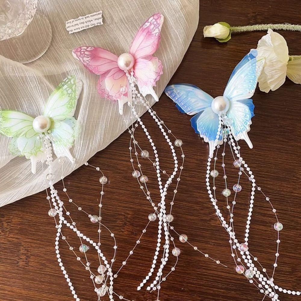 Bead Butterfly Hairpin Imitation Pearl Butterfly Hair Clip Fresh Tassel Duckbill Clip Wedding