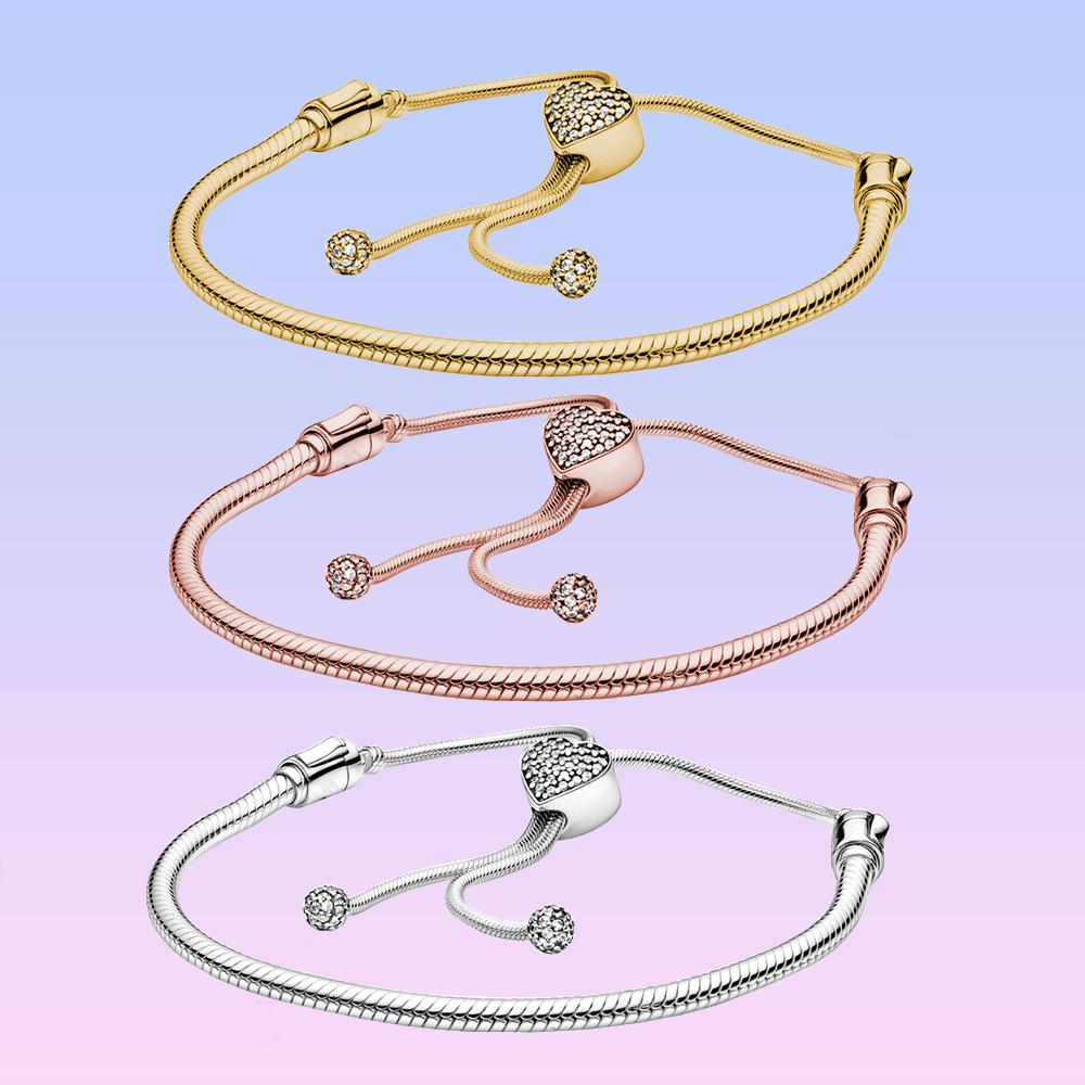 S925 Стерлингового Серебра Моменты Паве Сердце Застежка Змея Цепочка-Слайдер Браслет Подходит Оригинальные Шармы Изготовление Бусин для Женщин Подарки