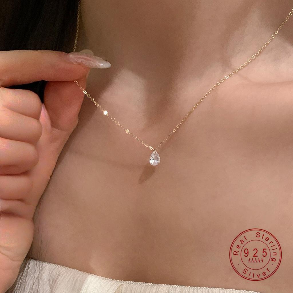 Серебряный кулон-ожерелье S925 с покрытием 14K золотом в форме капли с цирконием для женщин, простая, элегантная, изысканная цепочка на ключицу