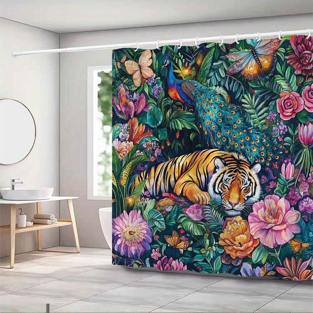 Экзотическая водонепроницаемая шторка для душа с защитой от плесени «Тигр и павлин» - Тропический цветочный дизайн для роскошного декора ванной комнаты