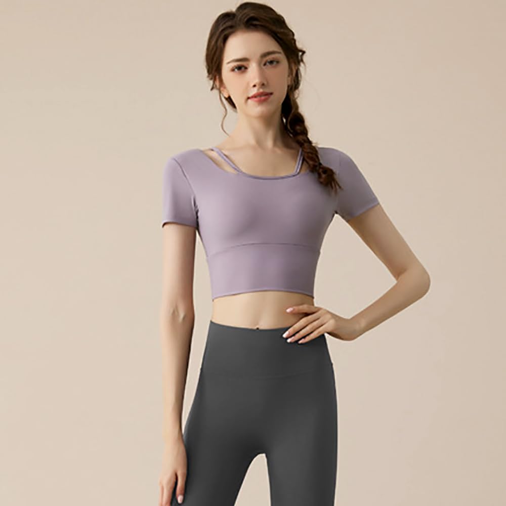 Wzhiming Yoga Short Elegant Short Short Sleeves Top, Cupped, Sleeve, Wear, Length, Ballet, Dance, Moisture-Wicking, Quick-Drying, (S, Purple)