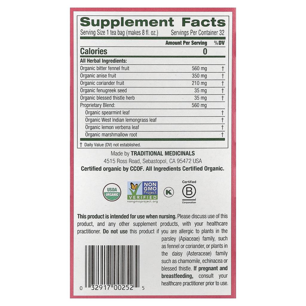 Organic Mother'S Milk®, Original Fennel & Fenugreek, Caffeine Free, 32 Wrapped Tea Bags, 56G (1.98Oz)