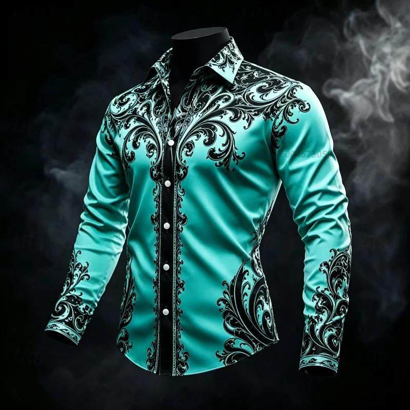 Men's Shirt with Contrasting Baroque Pattern Long-Sleeved Shirt, Slim Fit Lapel Shirt, Casual and Comfortable Men's Clothing