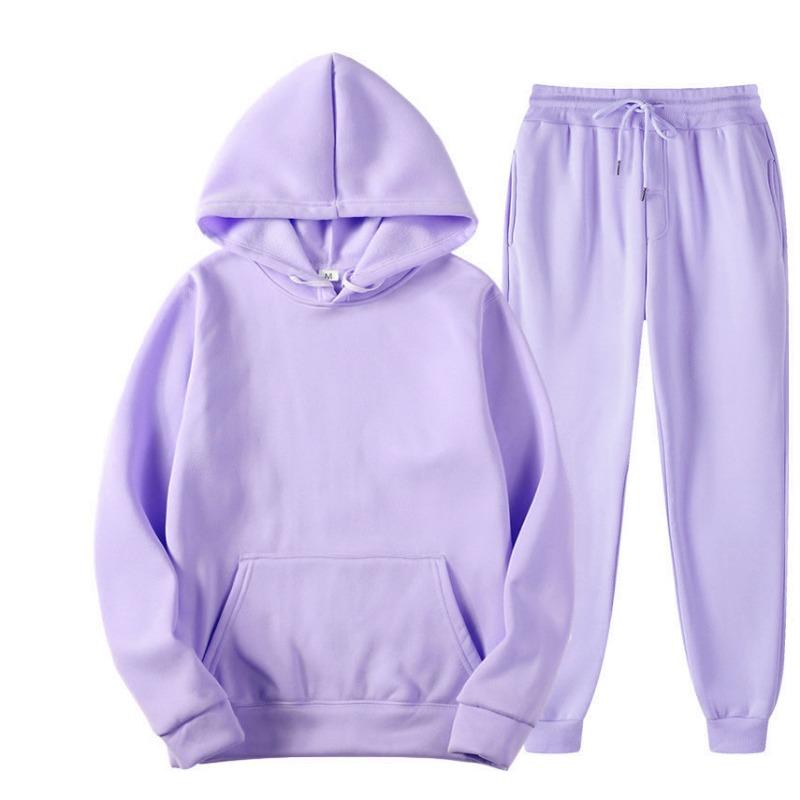 Autumn Winter Solid Color Sportswear 2-piece Hooded Sweatshirt Sweatpants with Plush Loose Casual Sweatshirt Set