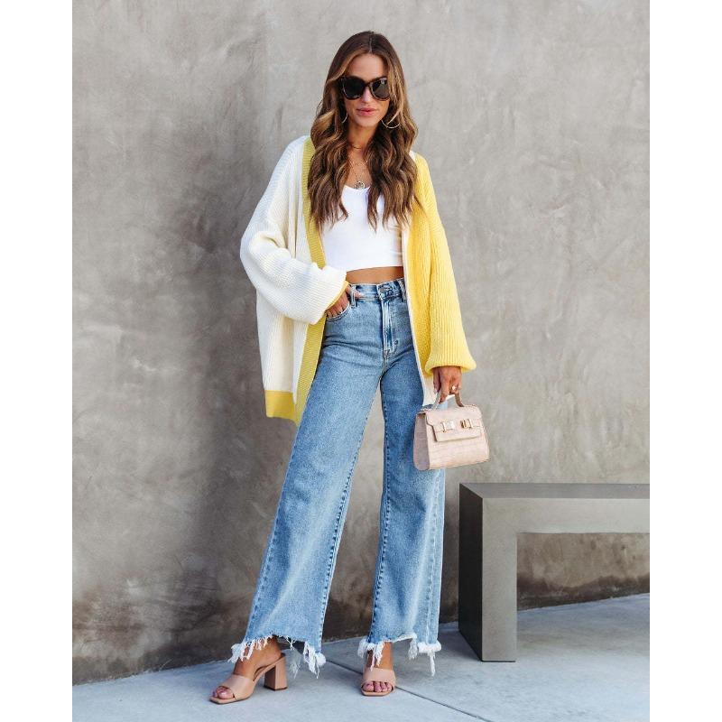 Autumn and Winter Women's Clashing Colours Loose Shawl Mid-Length Sweater Cardigan