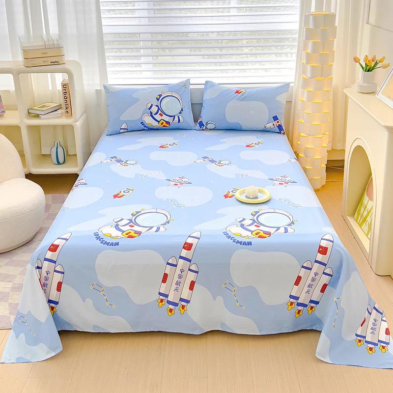 Cartoon Astronaut Bed Sheet Set for Kids Boys Soft Skin-friendly Cotton Bedding Set 3Pcs Rocket Spaceship Bed Sheets Pillowcases