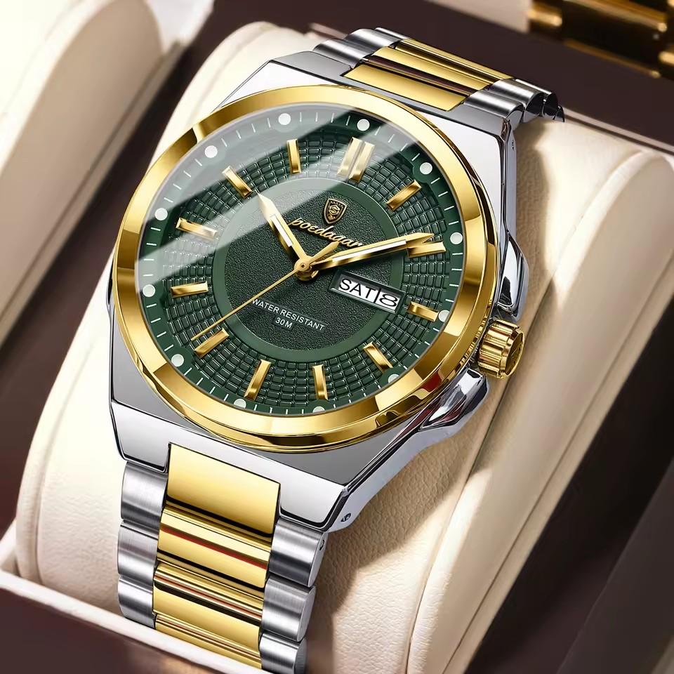 POEDAGAR 896 Stainless Steel Strap Fashion Gold Dial Diver Watch Men Waterproof Date Quartz Clock Sport Luminous Watches Relogio