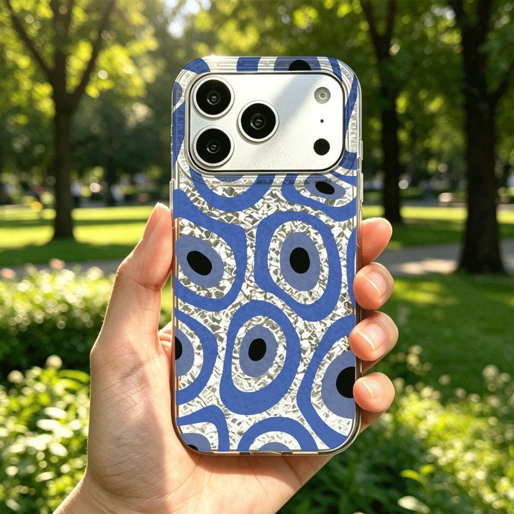 Phone Case for iphone 17 Pro Air 18 Pro Max 16 Plus XS Max 11 14 13 15 12 XR Blue - Ring Abstract Pattern Silver Cracked Texture Shockproof Cover