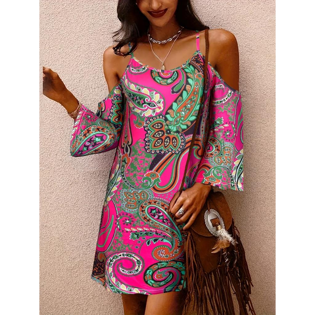 Платье свободного кроя с открытыми плечами и принтом пейсли, винтажное платье с длинными рукавами на весну и осень