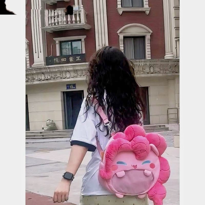 Cute Pink Pony Plush Backpack Large Capacity Cartoon Girl Handbag Earphone Storage Bag