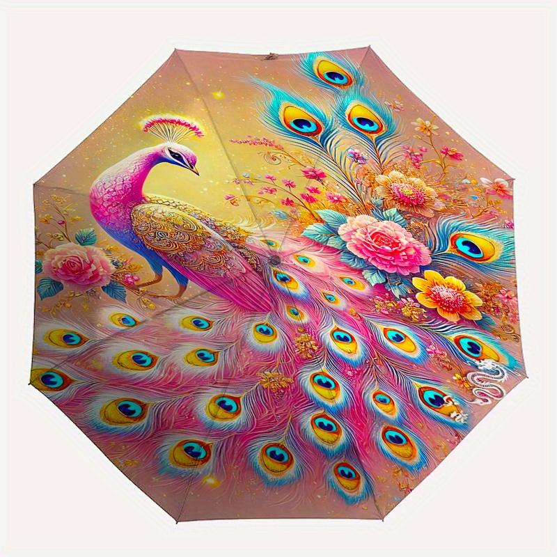 Peacock, pink Automatic folding umbrella  simple eight rib design, bright color pattern, durable iron frame, ideal for travel and outdoor, b