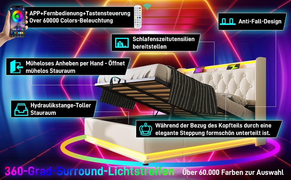 Upholstered Double Bed, 360 LED, Button/App/Remote, 140*190 cm, White PU Hydraulic Storage Bed, Headboard, USB Type-C Charging (Without Mattress)