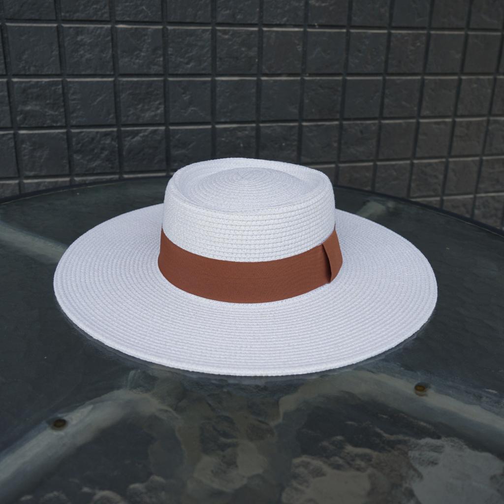 Korea Foreign Trade Summer French Wide Brim White Black Flat Top Straw Hat Women'S Sunshade Sun Hat Panama Top Hat