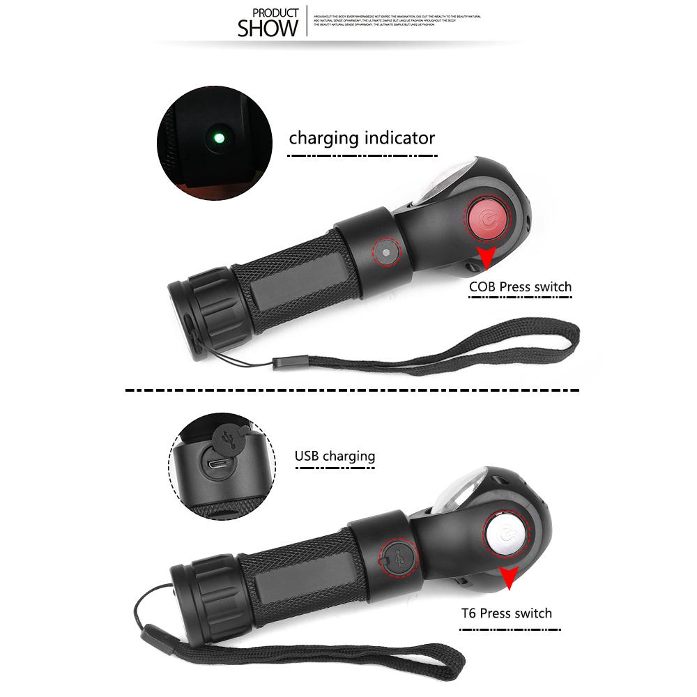 Практичный вращающийся на 360 градусов фонарик T6 + COB светодиодный фонарик с зарядкой через микро-USB и аккумулятором 18650 с магнитом, дропшиппинг