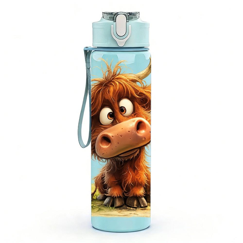 1PC Brown Highland Cow Cartoon Print 750ml Color Plastic Sports Water Bottle Leakproof Flip Straw Lid Suitable for Sports Office Home Use