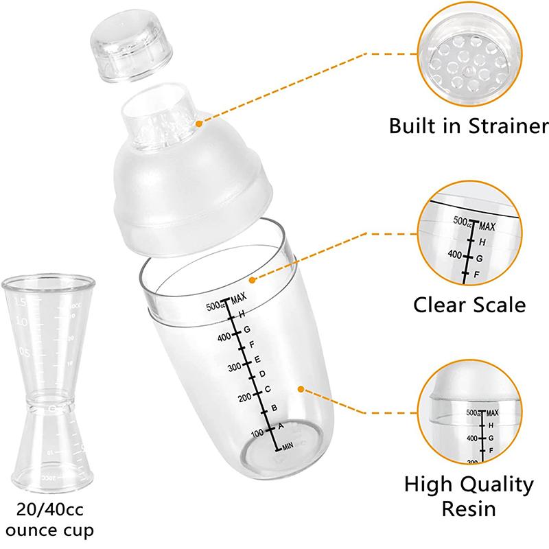 LMETJMA Plastic Cocktail Shaker Set Drink Mixer with Marker Clear Drink Shaker and Measuring Jigger Set Ounce Cup JT25