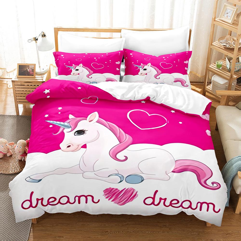 Double And Single Bed Bedding Set,Lovely Princess Unicorns,Pink Cute Bed Cover,Pillowcase,High Quality Comfort Sets,2 PCs,3PCs