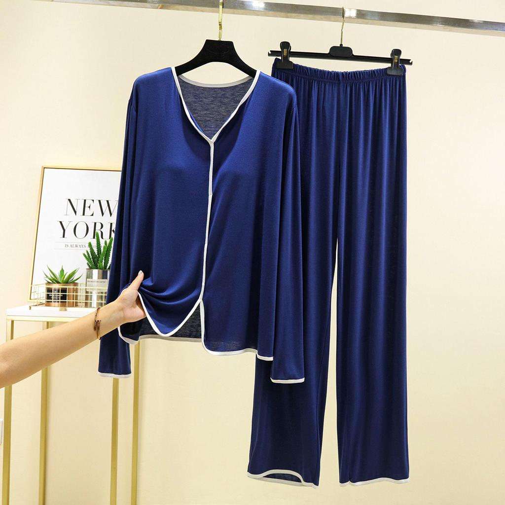 Модальный пижамный комплект с длинным рукавом и нагрудными вкладышами для женщин - Повседневный двухпредметный комплект на осень/зиму с отделкой