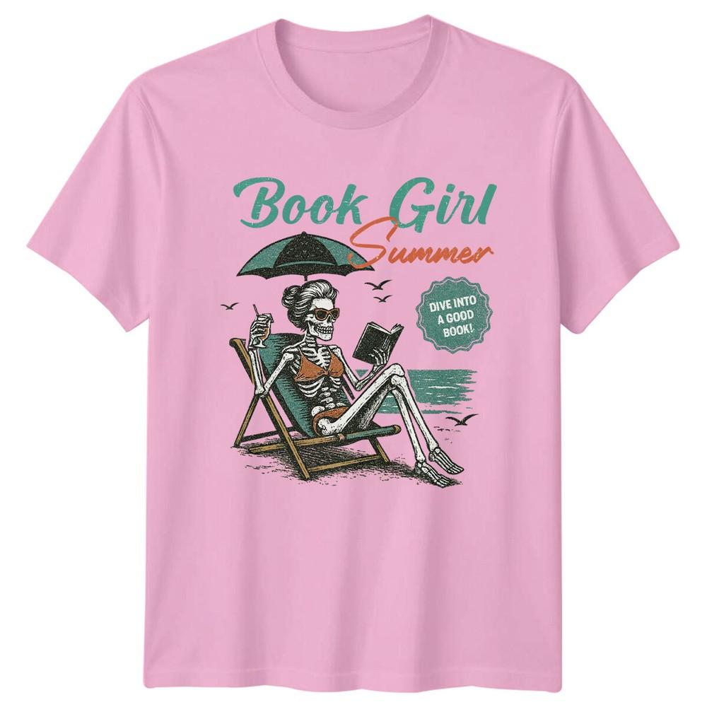 Book Girl Summer Skeleton Beach TShirt Retro Reader Tee